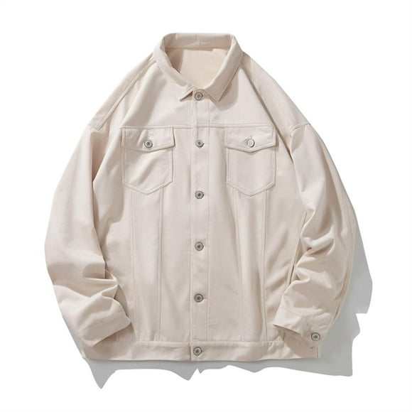 Men's Coats And Jackets Hooded Men Casual Solid Turndown Long Sleeve Button Jacket With Pockets Beige XL JE
