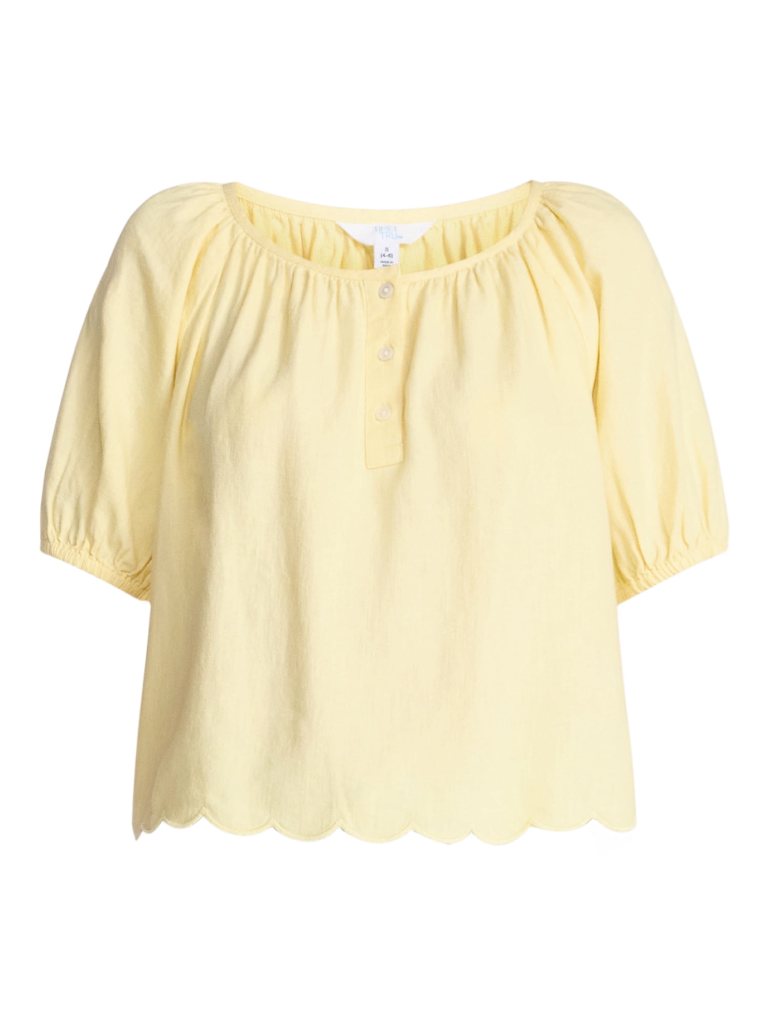 Time and Tru Women's Linen Blend Blouse with Scalloped Hem, Sizes XS-XXXL