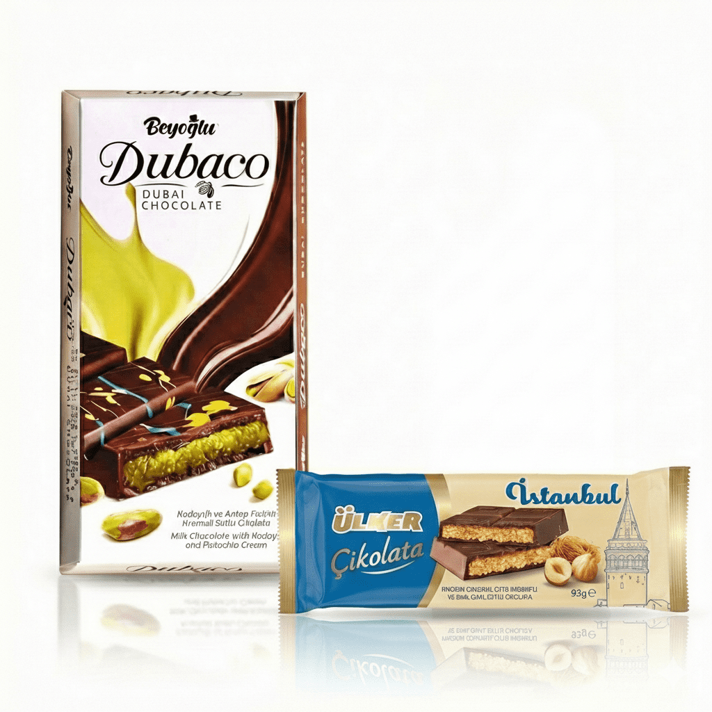 Dubai & Istanbul Chocolate Mix Bar – Pistachio Dubai Chocolate and Hazelnut Kataifi Istanbul Chocolate, 3.28 oz (93 g)
