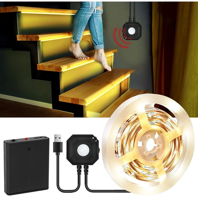 Motion Activated Bed Light, 9.8ft LED Strip Lights Motion Sensor Night Light with Automatic Shut Off Timer, Battery & USB Powered Under Cabinet Lighting for Bedroom Kitchen Stairs (3000K