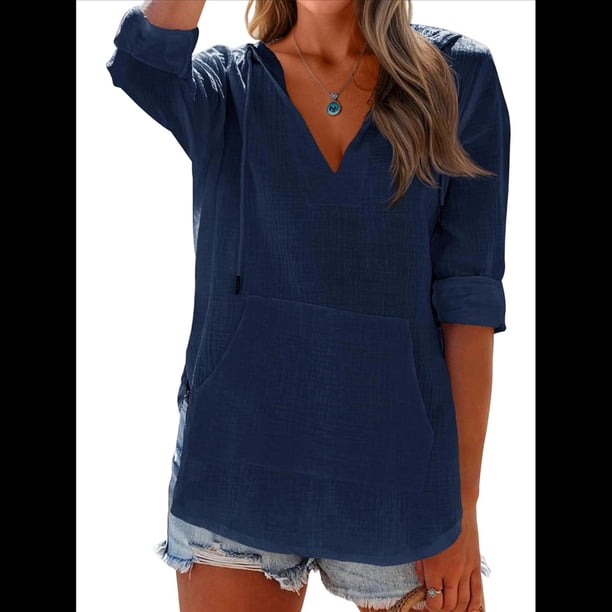 Sudadera con Capucha para Mujer, de Larga, Cuello en V y Bolsillos, para Playa Azul Oscuro XL
