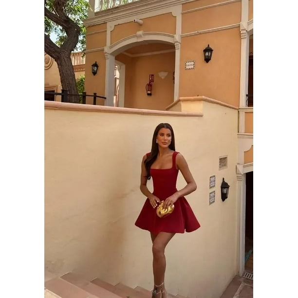 Vestido corto rojo con tirantes y escote cuadrado para mujer, minivestido Sexy ajustado sin mangas para fiesta y Club, novedad de verano, 2024