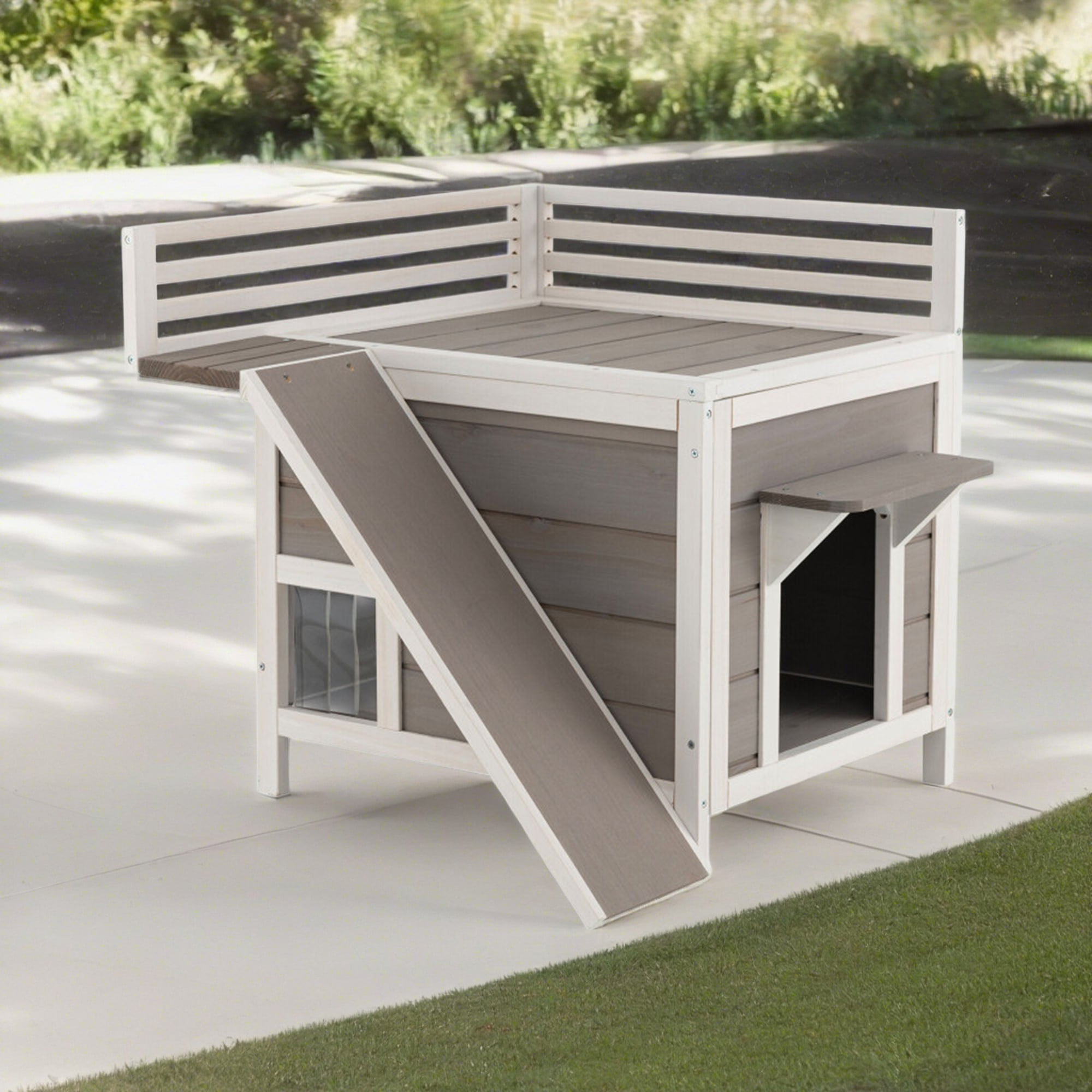 Pefilos 27" Cat House for Outdoor Cats, Weatherproof Cat Shelter with Escape Door, 2 Story Wood Cat Condo with Ladder, Gray Pefilos 27" Cat House for Outdoor Cats, Weatherproof Cat Shelter with Escape Door, 2 Story Wood Cat Condo with Ladder, Gray