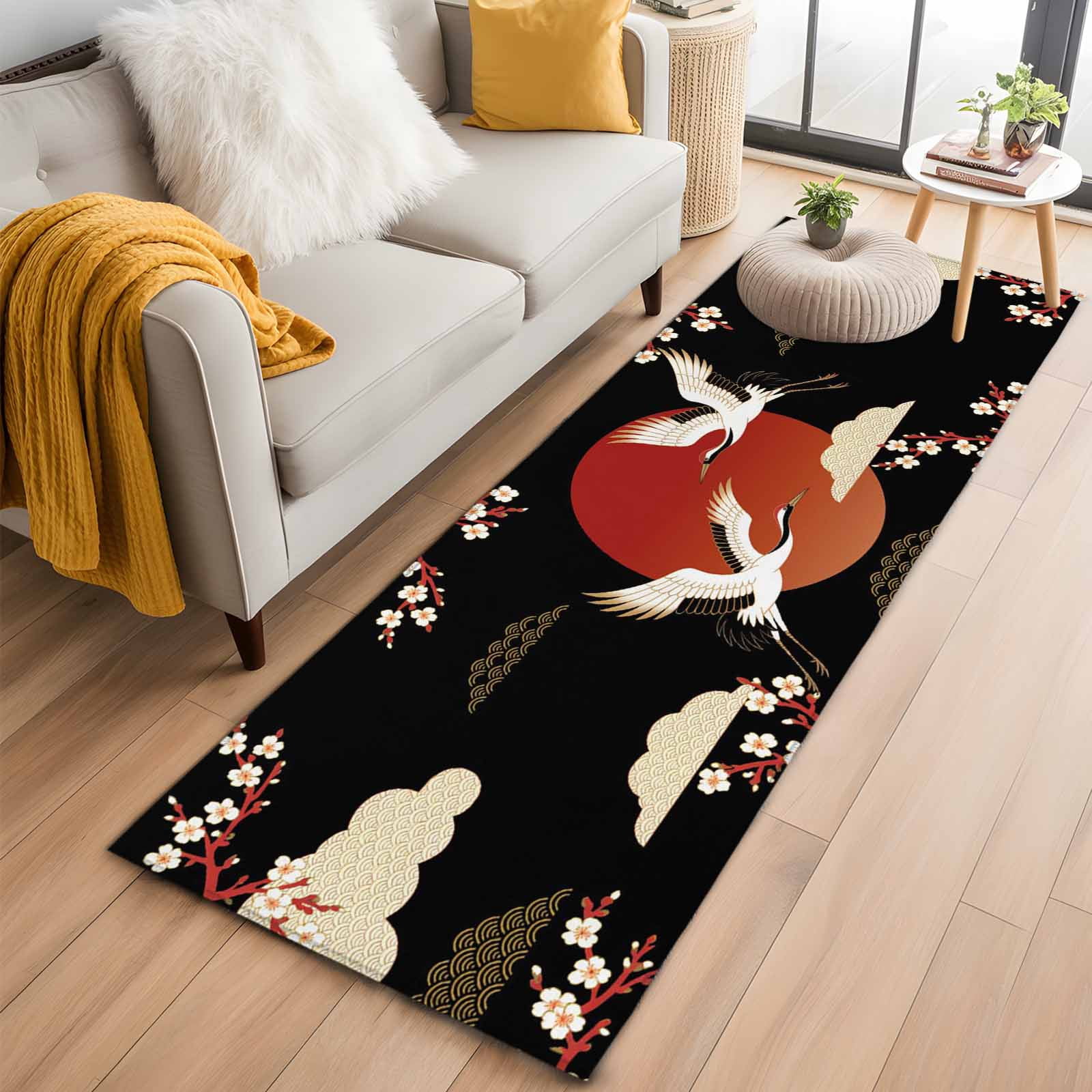 Japanese Style Area Rugs Collection 2'x6', Modern Cranes Cherry Flower Wave Red Brown Non Slip Indoor Rectangle Throw Runner Rug Floor Mat Carpet for Living Room Dining Table Bedroom Nursery