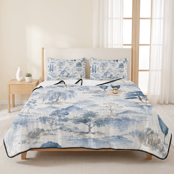 3 Pieces Queen Quilt Set,Watercolor Chinoiserie Landscape Soft Bedding Sets with 1 Quilt & 2 Pillow Shams,Blue Willow Mountain Forest Summer Bedspread Lightweight Coverlet Comforter for All Season