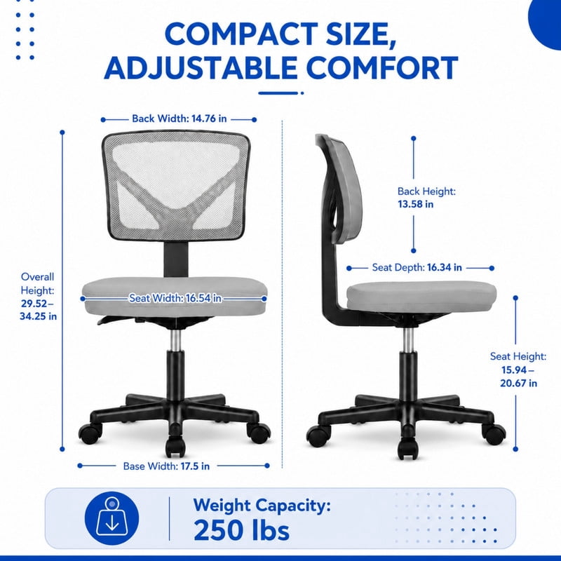 BEAUTYPEAK Desk Chair with Y-Shaped Lumbar Support Adjustable Armless Mesh Office Chair with Wheels for Home Office, Gray