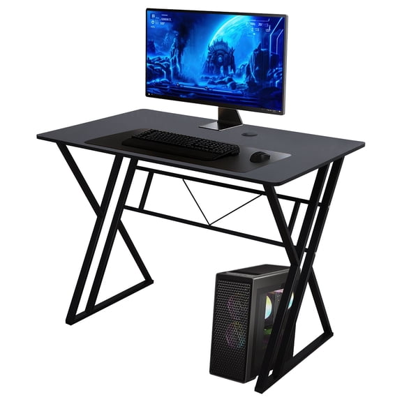 Xioeram Gaming Desk, 40 Inch Z Shaped Gamer Desk, Home Game Computer Desk with Carbon Fiber Surface, Ergonomic Office PC Workstation with Cable Management, Black
