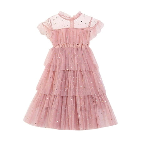 

GWAABD Semi formal Dresses for Girls Pink Cotton Blend toddler Girls Fly Sleeve Star Moon Paillette Princess Dress Dance Party Ruffles Dresses Clothes 150