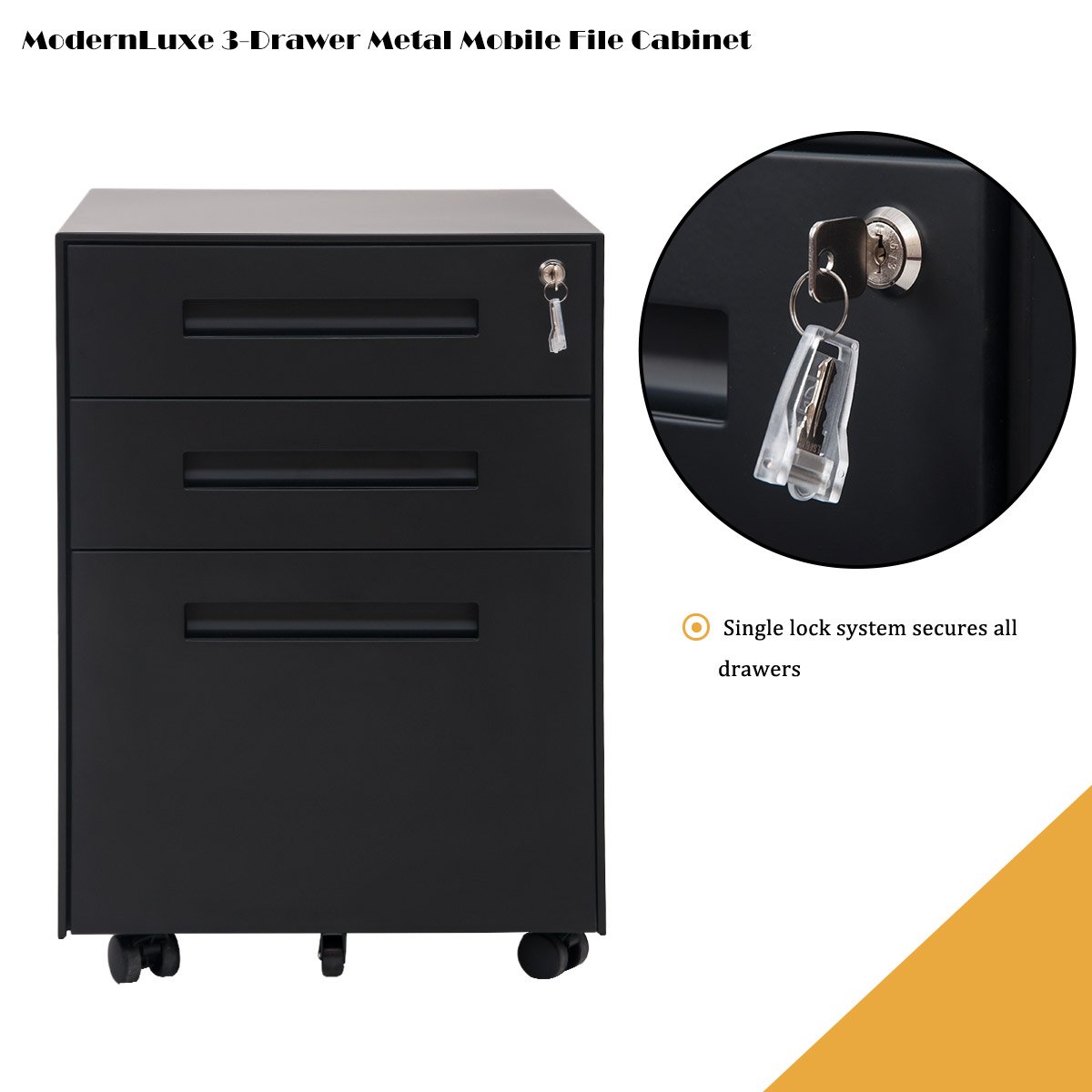Modernluxe 3 Drawer Metal Mobile File Cabinet With Lock Fully
