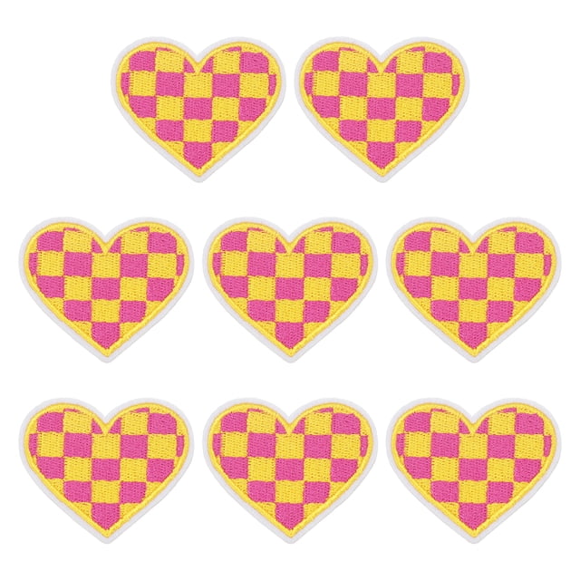 Uxcell 8 Pcs Parches bordados en forma de corazón a cuadros para planchar, parches aplicados para chaquetas, colección de ropa, vestidos, sombreros, jeans, accesorio de bricolaje, Amarillo/Rojo Rosa