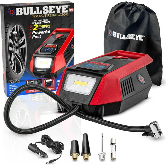 Bullseye 12V DC Tire Inflator - Rapid 2 Minute Inflation, Auto Shut-Off, Max 150 PSI, Easy Cord Storage, Digital Pressure Gauge, LED Display