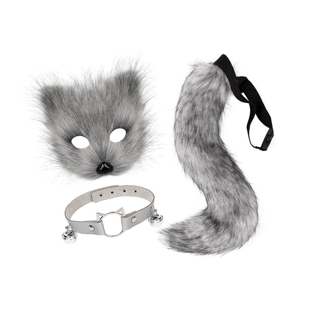 Conjunto de máscara y cola de gato Therian lindo para de cumpleaños de puesta en escena Gris oscuro