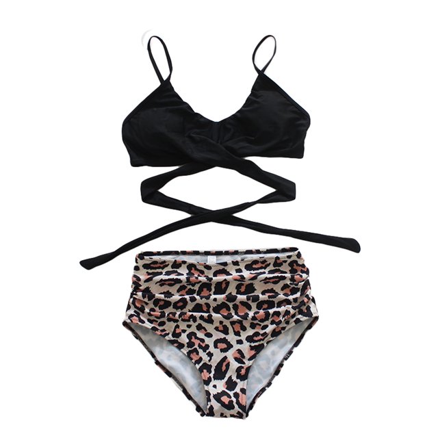 SUNSIOM Female Solid Spaghetti Strap Bikini Tops+ Leopard Print Bikini Panties
