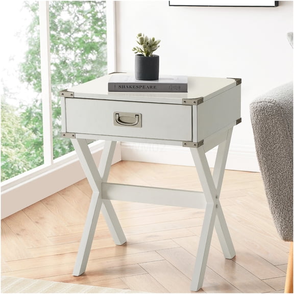 White Wooden End Table with Drawer, Farmhouse Nightstand for Bedroom, Rustic Side Table with Storage for Living Room, Home Office