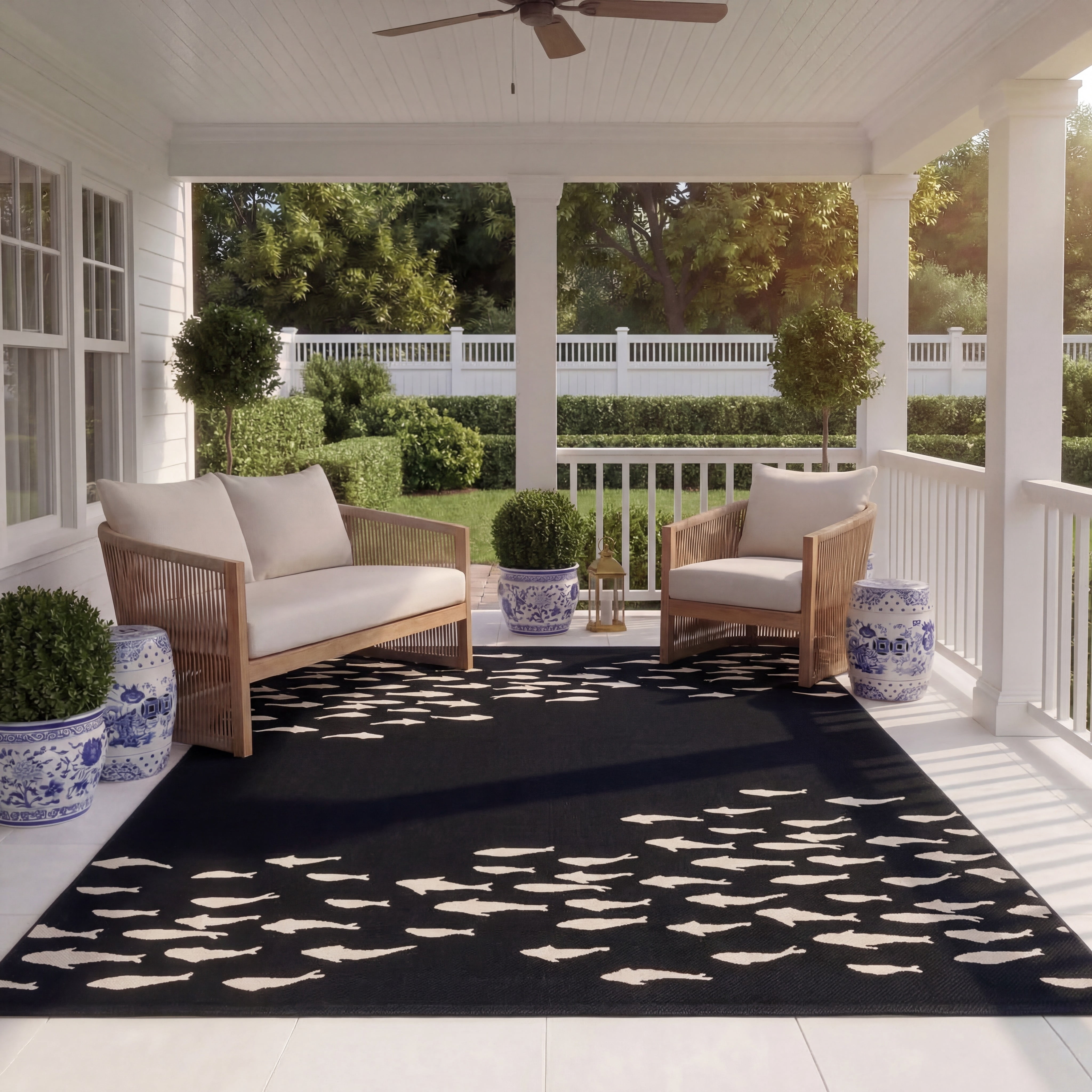 Safavieh Courtyard Victoria Fishes Indoor/Outdoor Area Rug, Black/Beige, 8' x 11'