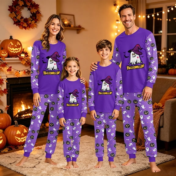 Halloween Pajamas, Family Matching Pajamas, Halloween Pajamas for Family, Halloween Family Pajamas Purple Cute Ghost With Witch Hat Long Sleeve Pants Set for Holiday Celebration, Baby 12 Months
