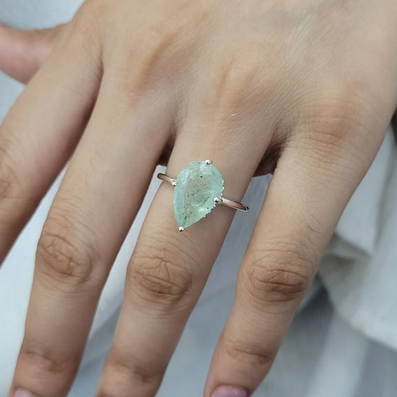 Natural Aquamarine Pear Cut Teardrop Engagement Ring - 925 Sterling Silver Art deco Ring - Gemstone Ring - Anniversary Ring