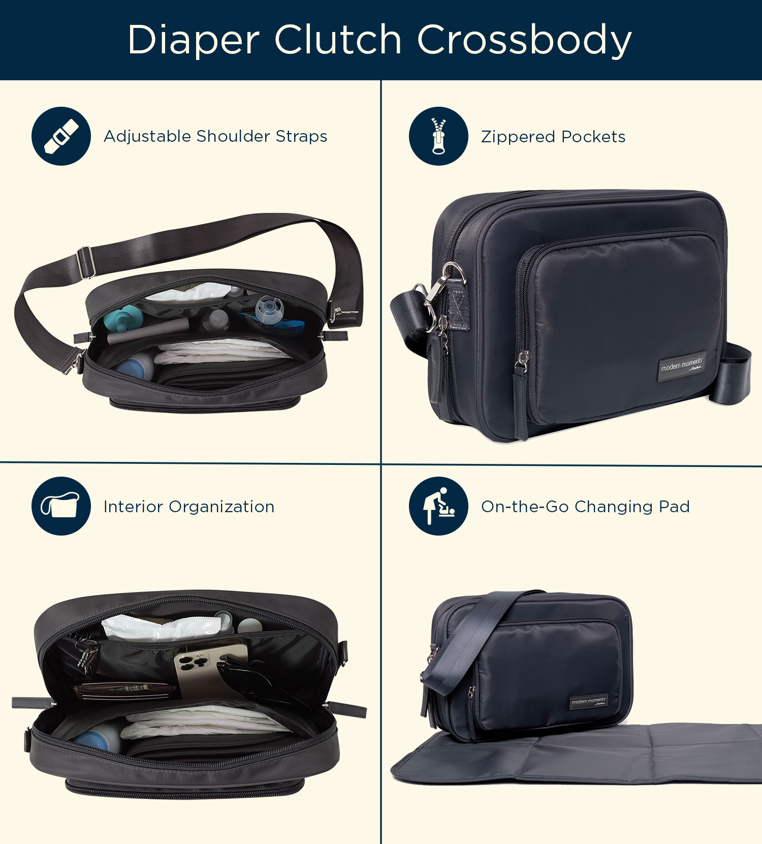 Modern Moments by Gerber Baby Unisex Crossbody Diaper Bag, Dark Gray