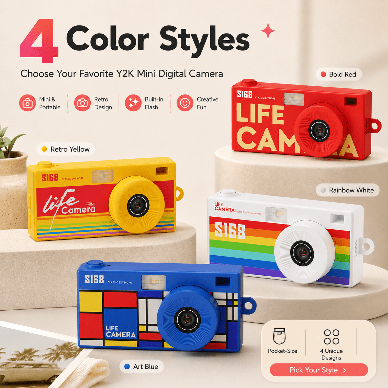 S168 Mini Digital Camera, 1440P HD Portable Keychain Design with 16GB Card, 7 Filters, Built-in Light, Usb-C Cable, White