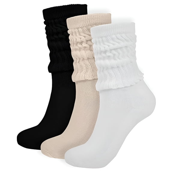OQRKI Crew Slouch Socks Women - Retro Scrunch Short Sock - Soft Solid Ankle Socks Size 5-11 (Black/cream/white - 3 pairs)