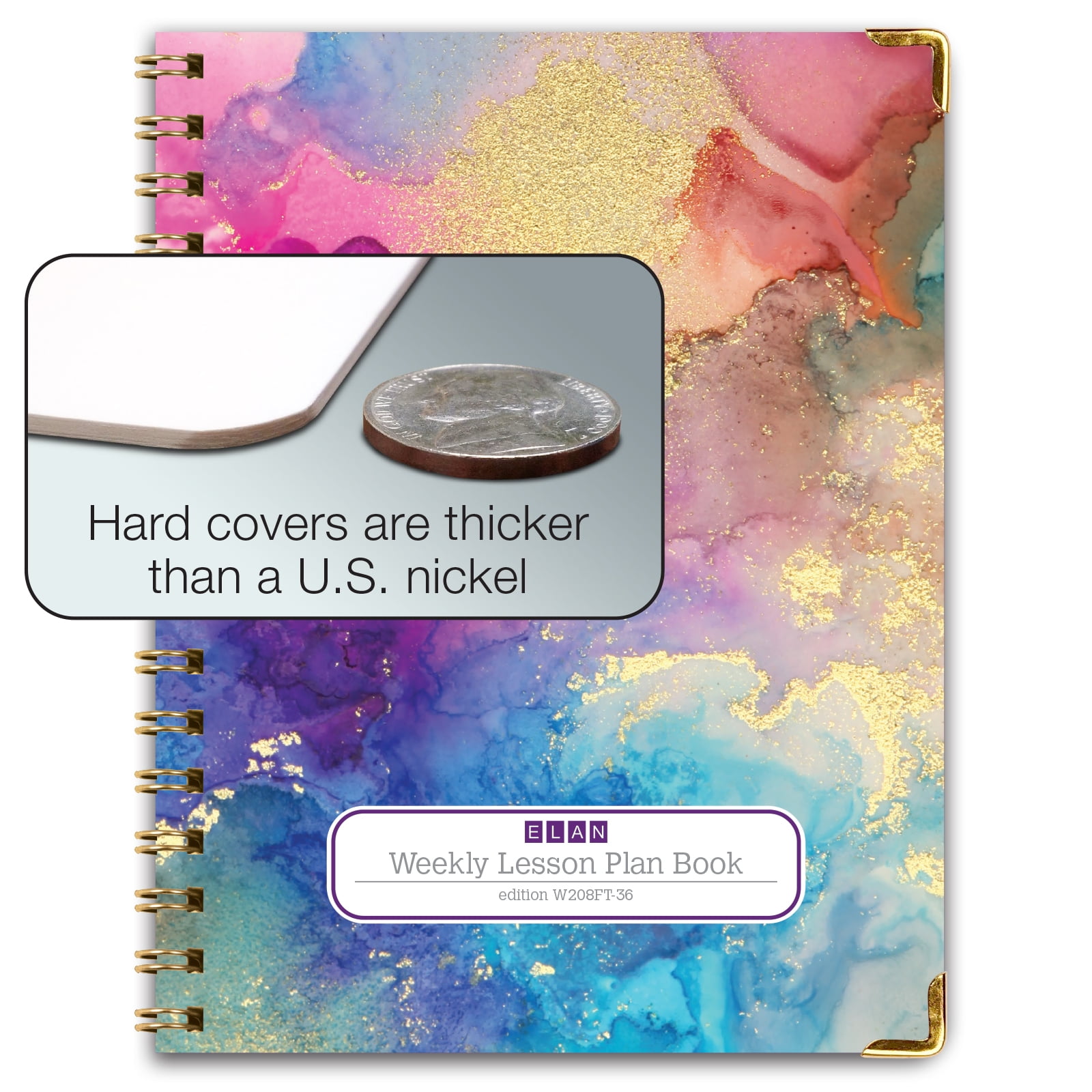 Elan Publishing Company Hardcover 8 Period Teacher Lesson Plan - Days Vertically Down the Side with Bonus Clip-in Bookmark (Rainbow Gold Marble)