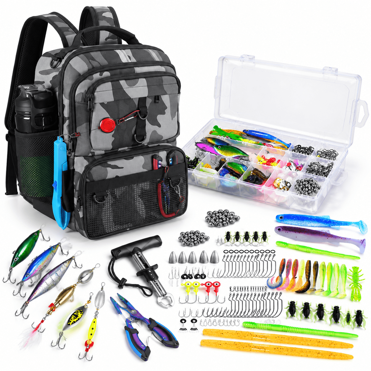 Gray Camo Backpack Fishing Pack with Tackle Boxes and Rod Holder