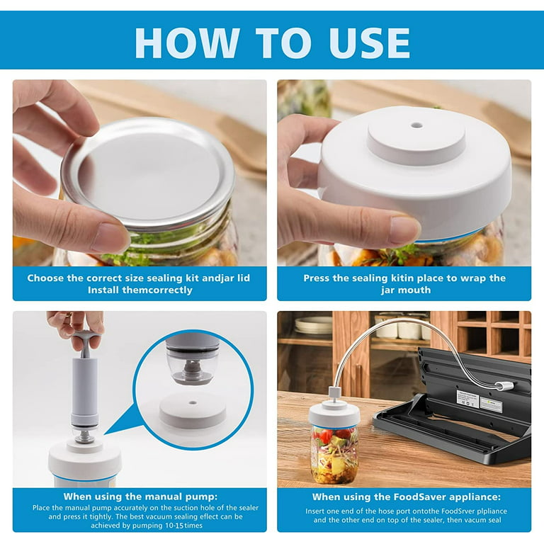 TOYMIS Mason Jar Vacuum Sealer Kit, Jar Vacuum Sealer Kit Compatible with  Foodsaver Vacuum Sealers Jar Sealer and Accessory for Regular & Wide Mouth  Mason Jars Food Storage (White & Blue)