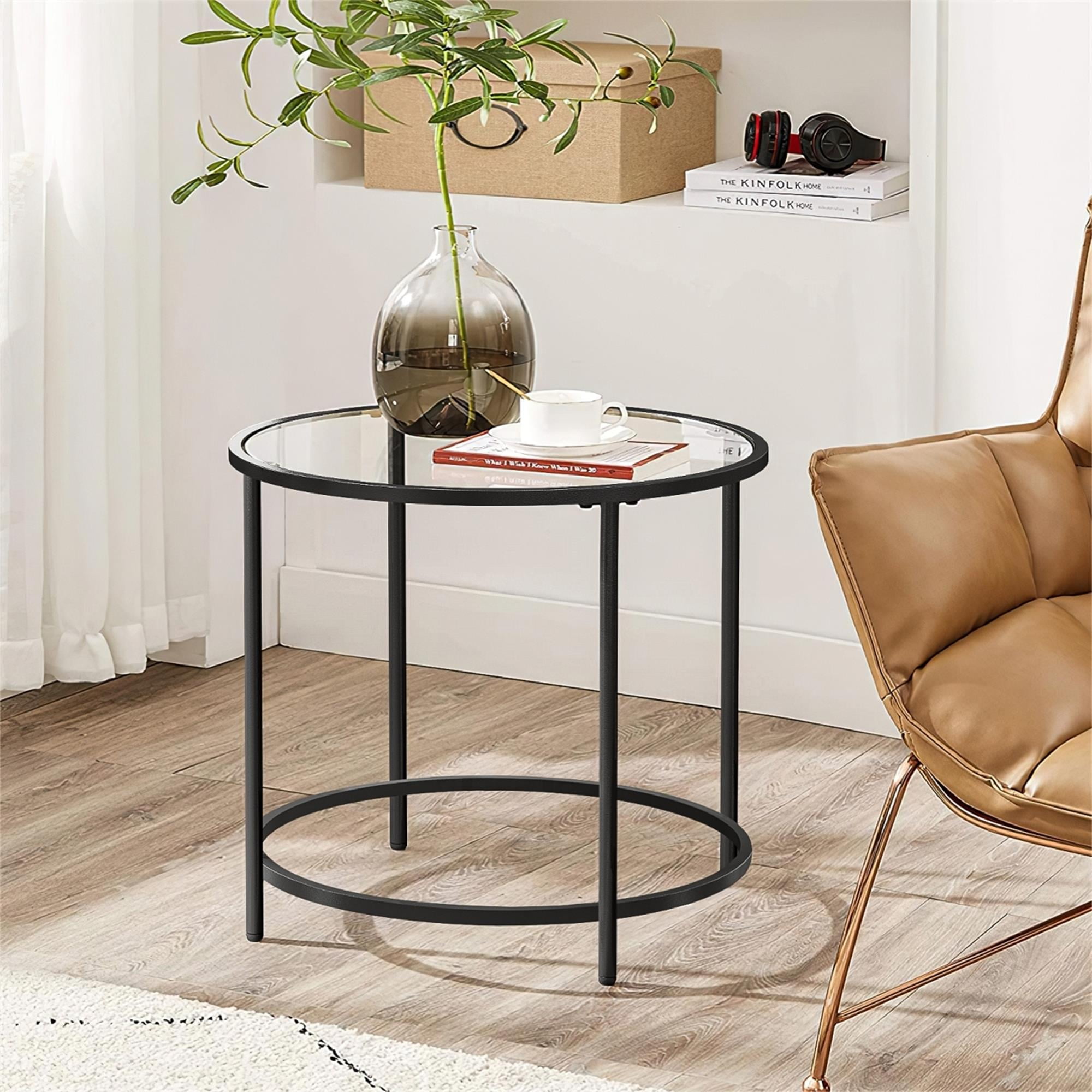 Yardi Yard Modern Clear Glass Top End Table with Black Metal Frame, Living Room Round Side Table Yardi Yard Modern Clear Glass Top End Table with Black Metal Frame, Living Room Round Side Table