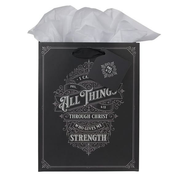 Christian Art Gifts Decorative Portrait Gift Bag w/Tissue Paper Set for Men & Women: All Things Through Christ - Philippians 4:13 Inspirational Bible Verse for Celebrations, Black & Silver, Medium