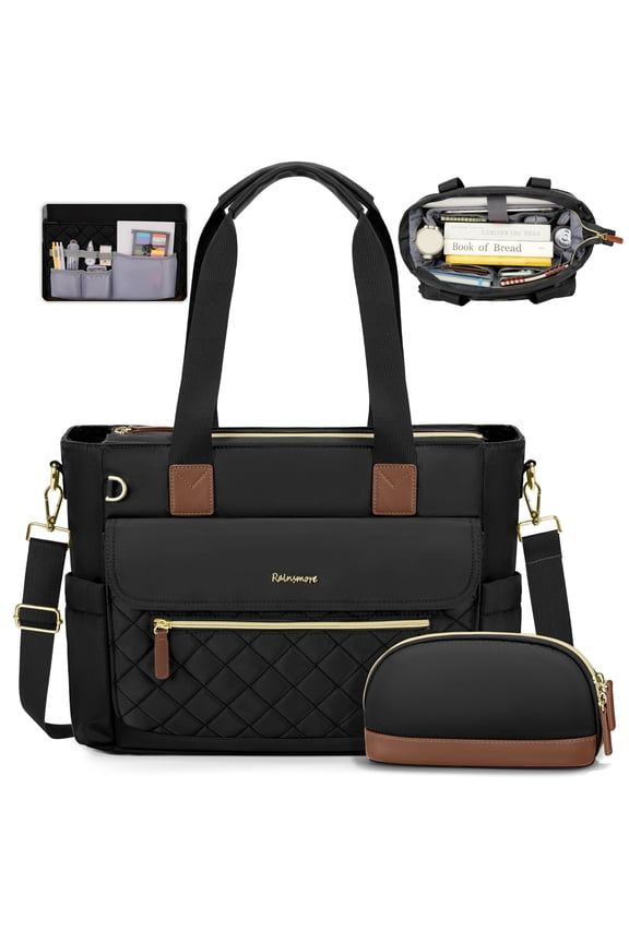 RAINSMORE Teacher Tote Bag 15.6 inch Laptop Bag for Women with Small Bag Professional Work Tote Bags Nurse Bag Computer Briefcase,Black