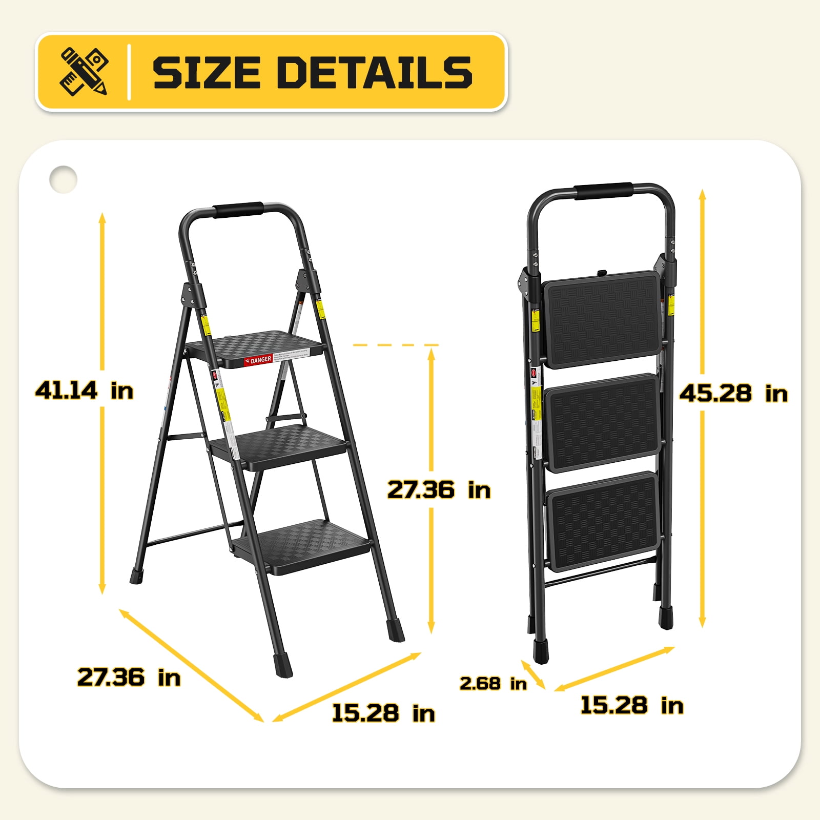 ASoopher 3 Step Ladder with Anti-Slip Pedal, Sturdy Steel Step Stool for Kitchen, Black