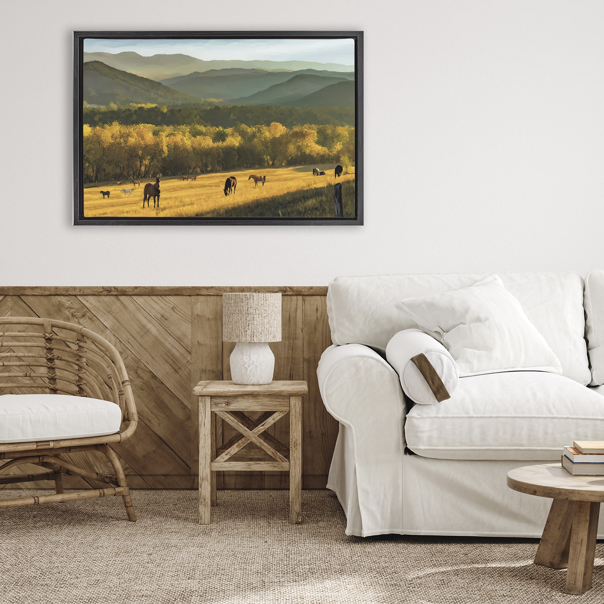 Stupell Industries Grazing Horses in Valley Black Framed Floater Canvas Wall Art, design by Renel Peters