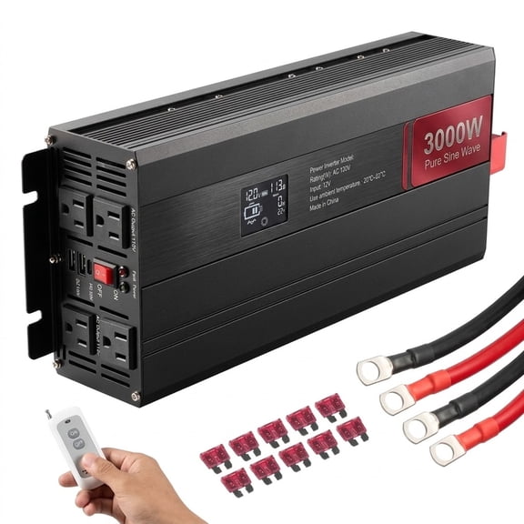 Pure Sine Wave Inverter, 3000 Watt, DC 12V to AC 120V Power Inverter with 2 AC Outlets 2, Power Inverters