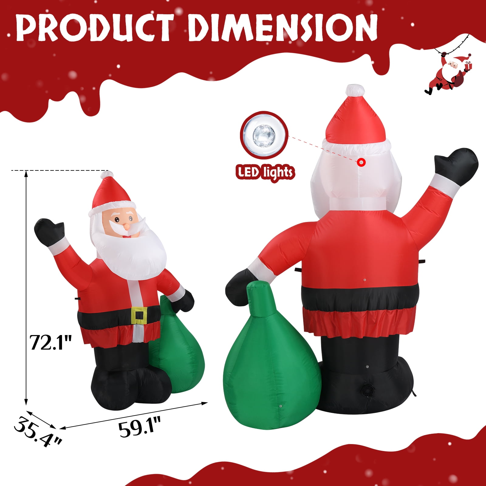 6 FT Christmas Inflatable Santa Decoration, Waving Santa with Gift Bag, Funny Blow Up Yard Decorations with Built-in LED Lights for Holiday Party Front Yard Lawn Garden Decor