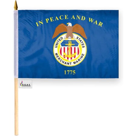 AGAS Merchant Marine Stick Flag - 12 x 18 inch - Printed Single Sided Polyester - Stitched Edges - 24 inch Natural Wood Pole - US Military Stick Flag.