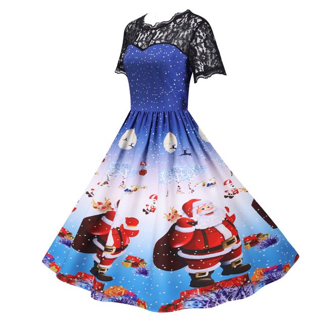 CEHVOM Robe de Fête Vintage à Manches Courtes et Col Rond pour Femmes de Noël