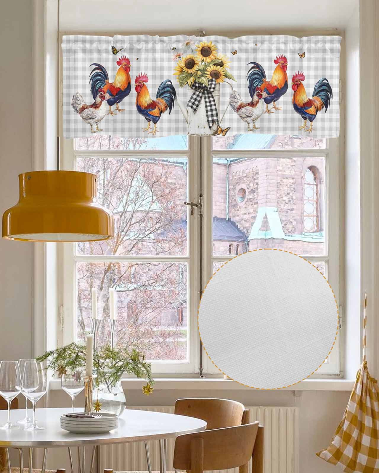 Chicken Sunflowers Kitchen Valances for Windows Farmhouse Linen Window Valance Curtain for Living Room Window Treatment Floral Butterfly Gray White Buffalo Plaid Valance Rod Pocket, 60 x 18 Inch