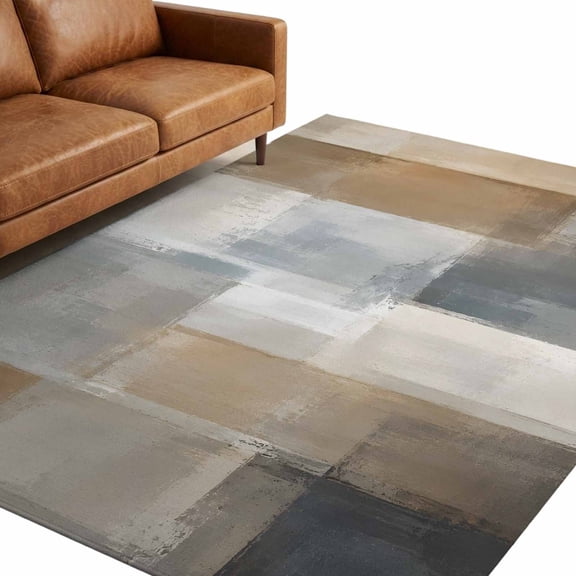 Abstract Color Blocks Area Rug 5x7ft Modern Geometric Minimalist Beige Grey Non-Slip Washable Rectangle Rugs Soft Felt Indoor Floor Mat for Bedroom Kitchen Living Room Bathroom