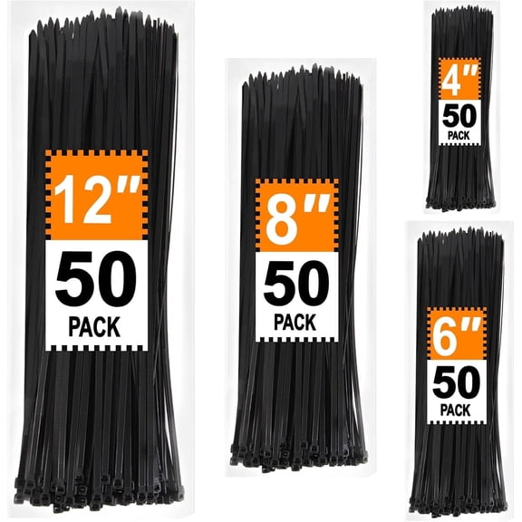 RFGUB  Zip Ties Assorted Sizes 4 6 8 12 inch, 200 Pack, Black Cable Ties, UV Resistant Wire Ties for Indoor and Outdoor Use,