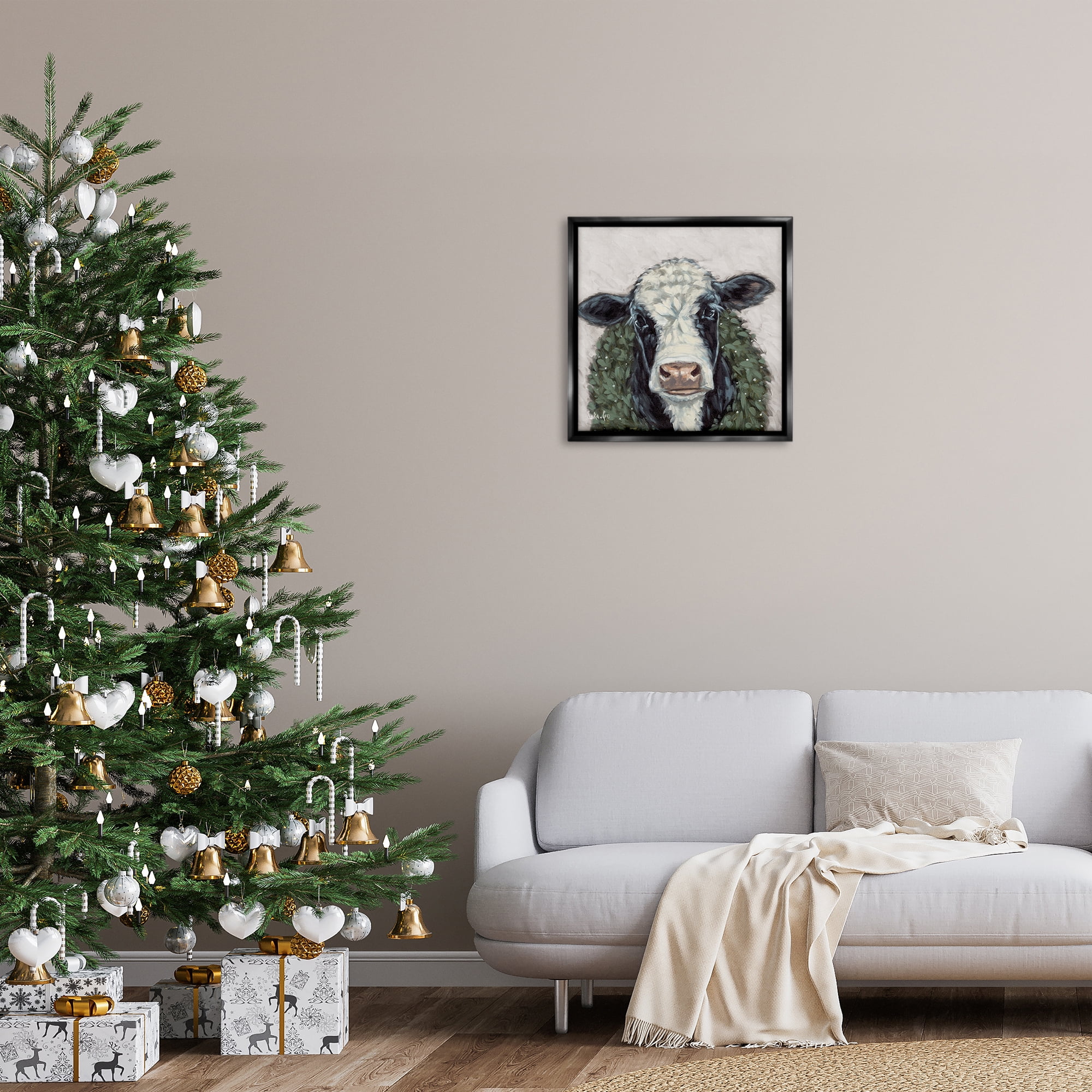 Stupell Industries Spotted Cow with Wreath Holiday Painting Black Floater Framed Canvas Art Prints Wall Art, 25 x 25