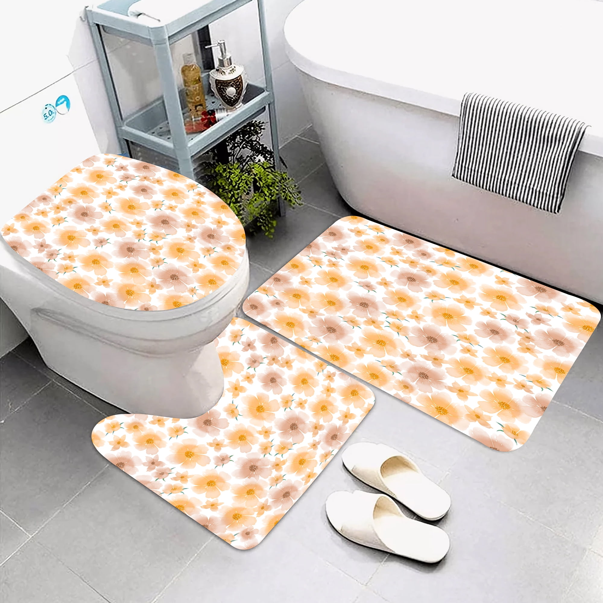 Planially 4 Pcs Shower Curtain Set with Rugs Toilet Lid Cover Mat Print Flowers Bathroom Sets