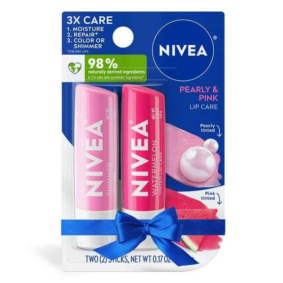 NIVEA Pearly & Pink Lip Care, Tinted Lip Balm Set, Holiday Lip Balm Gifts, 0.17 oz Stick, 2 Pack