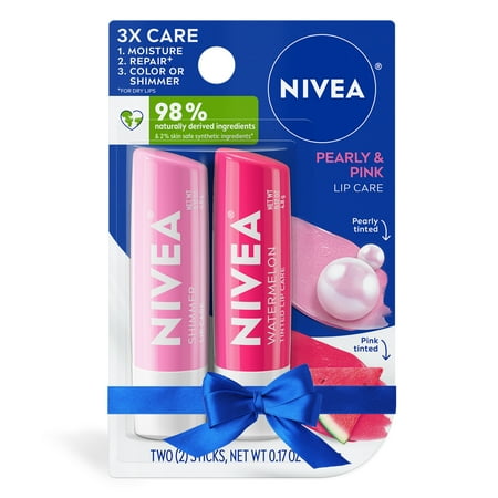 NIVEA Pearly & Pink Lip Care, Tinted Lip Balm Set, Holiday Lip Balm Gifts, 0.17 oz Stick, 2 Pack