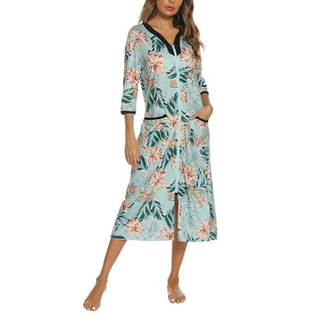 

Bomotoo Women Split Robes V Neck Nightwear Pajamas Lounge Lightweight Front Zip Nightgowns Army Green L