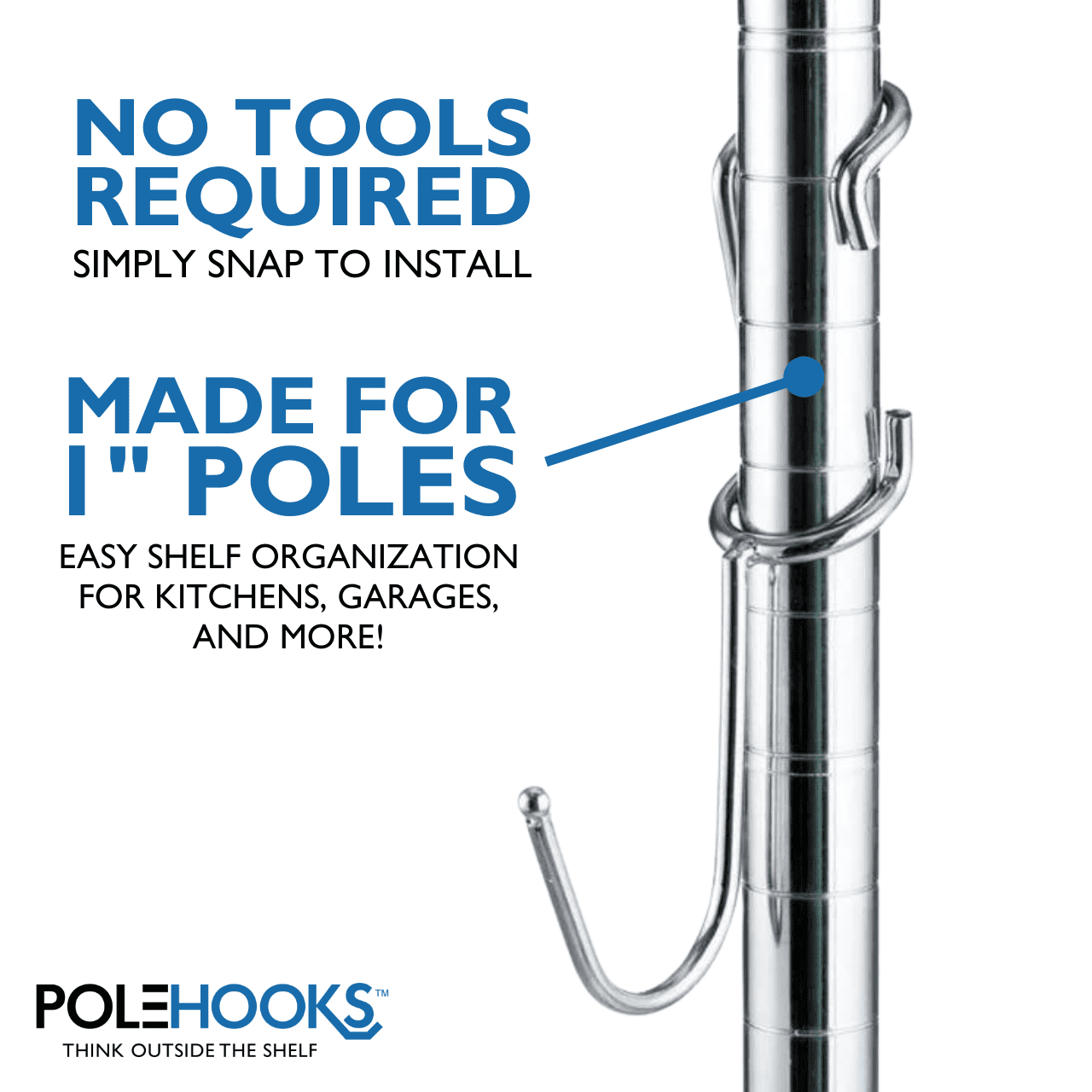 J-Hook Shelf Pole Hooks for Wire Shelving – 5 Pack – Chrome Metal Utility Hooks for Garage, Kitchen, Closet Organization - Fits 1" Pole