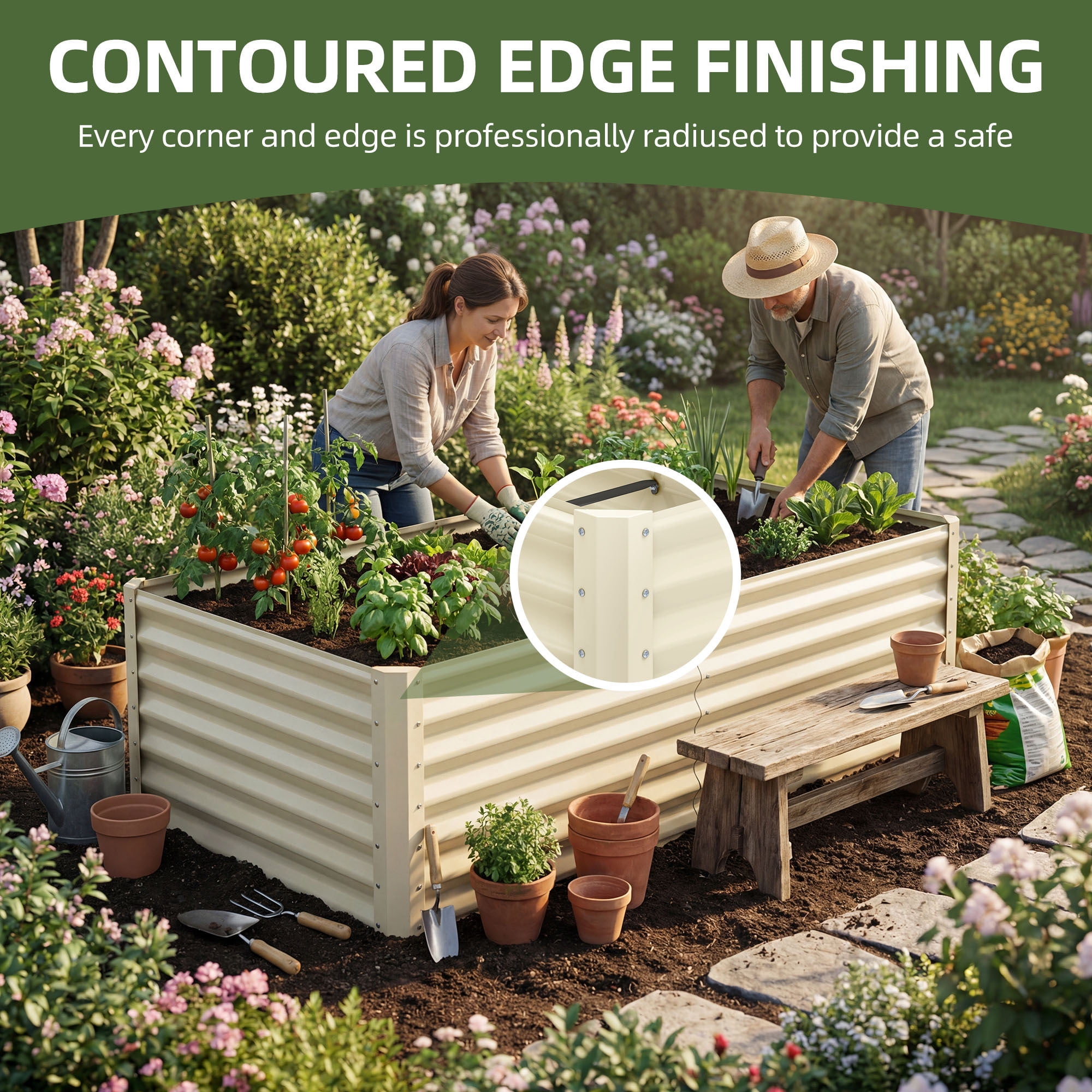 Uforic Galvanized Raised Garden Bed Kit, Metal Planter Box with Gloves, Metal Raised Garden Beds for Vegetables,Cream,6x3x3ft