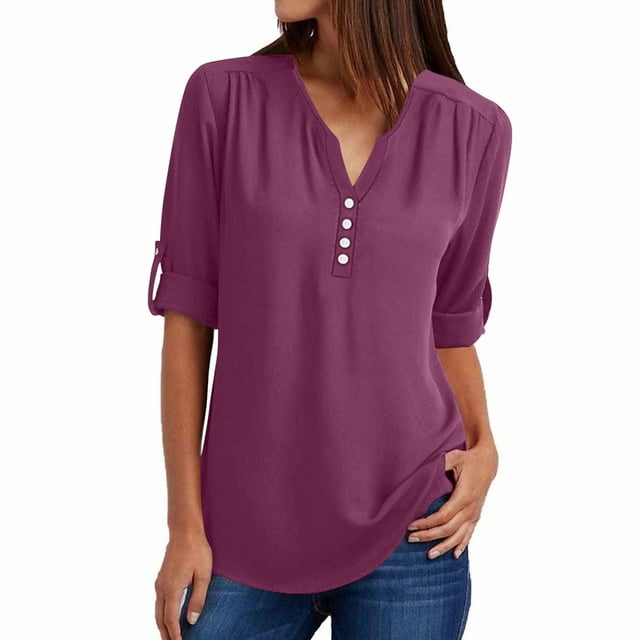 Yuyuzo Chiffon Tops for Women Half Sleeve V Neck Buttons Tunic Tops Solid Color Flowy Tee Shirts