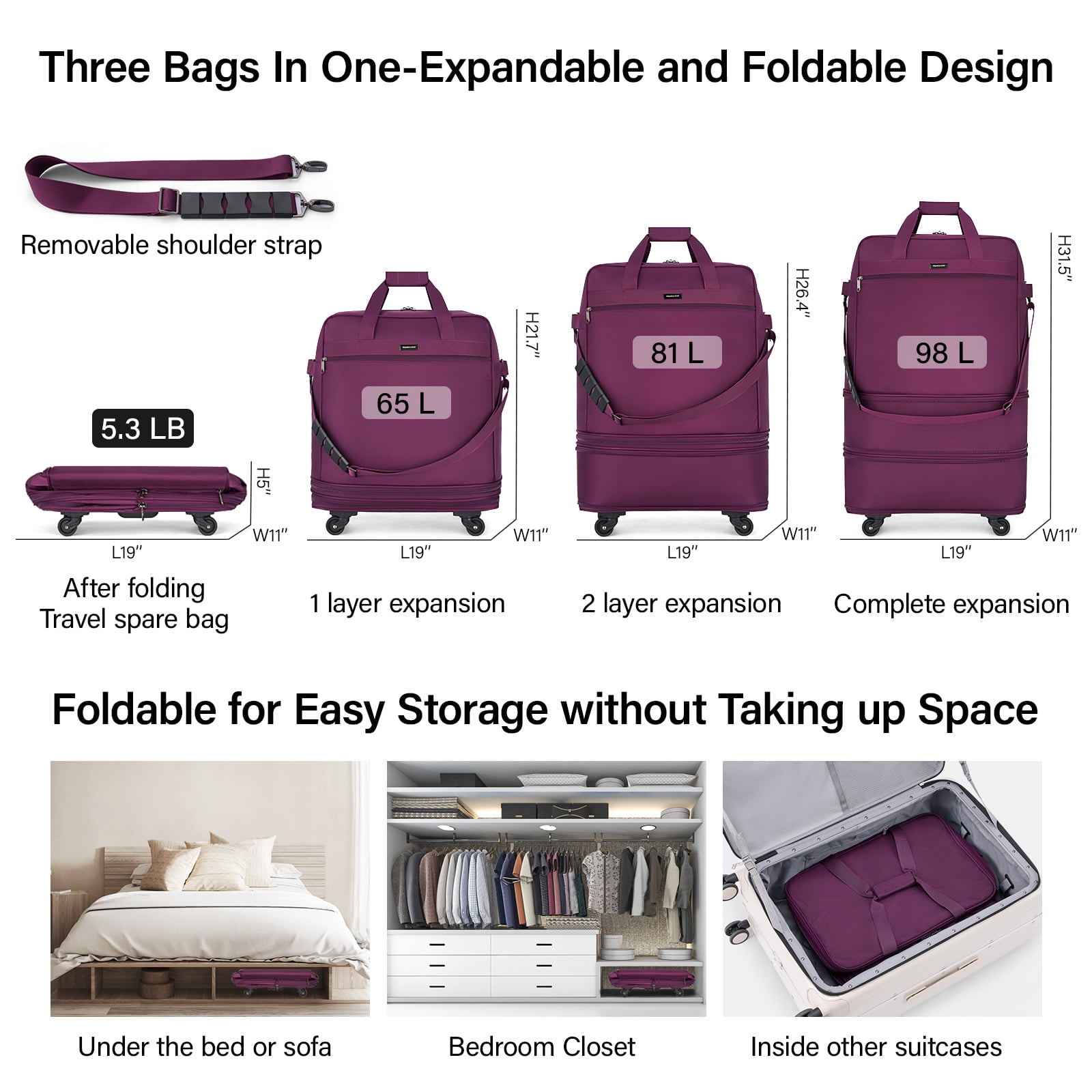 Hanke Suitcases with Wheels Expandable Foldable Luggage Bag Suitcase Collapsible Rolling Travel Bag Duffel Bag for Men Women Lightweight Suitcases,Purple
