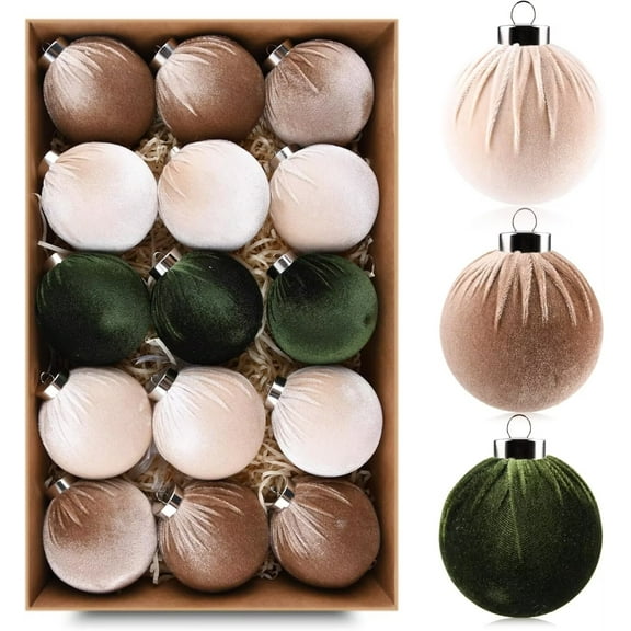 PakyozjChristmas Tree Ornaments Velvet Balls - Pack of 15pcs Shatterproof Xmas Bulbs Decorations Set - Multicolor Green Brown, 80mm 3.15 inch