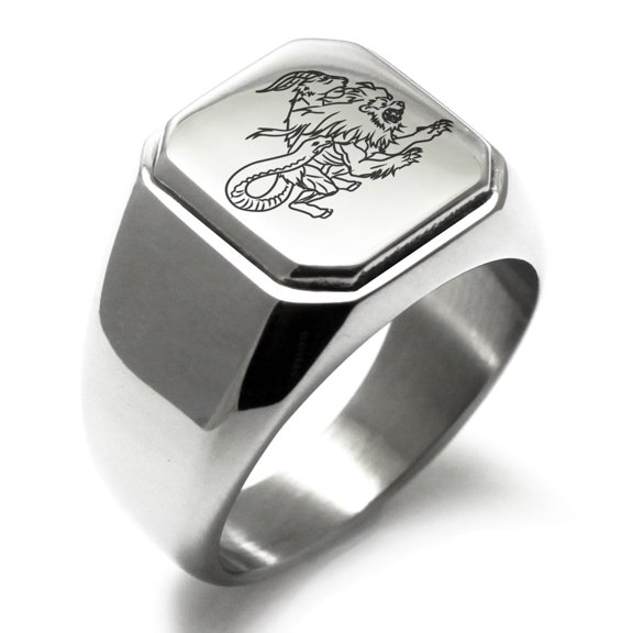 Tioneer Stainless Steel Greek Mythology Chimera Engraved Square Flat Top Biker Style Polished Signet Ring